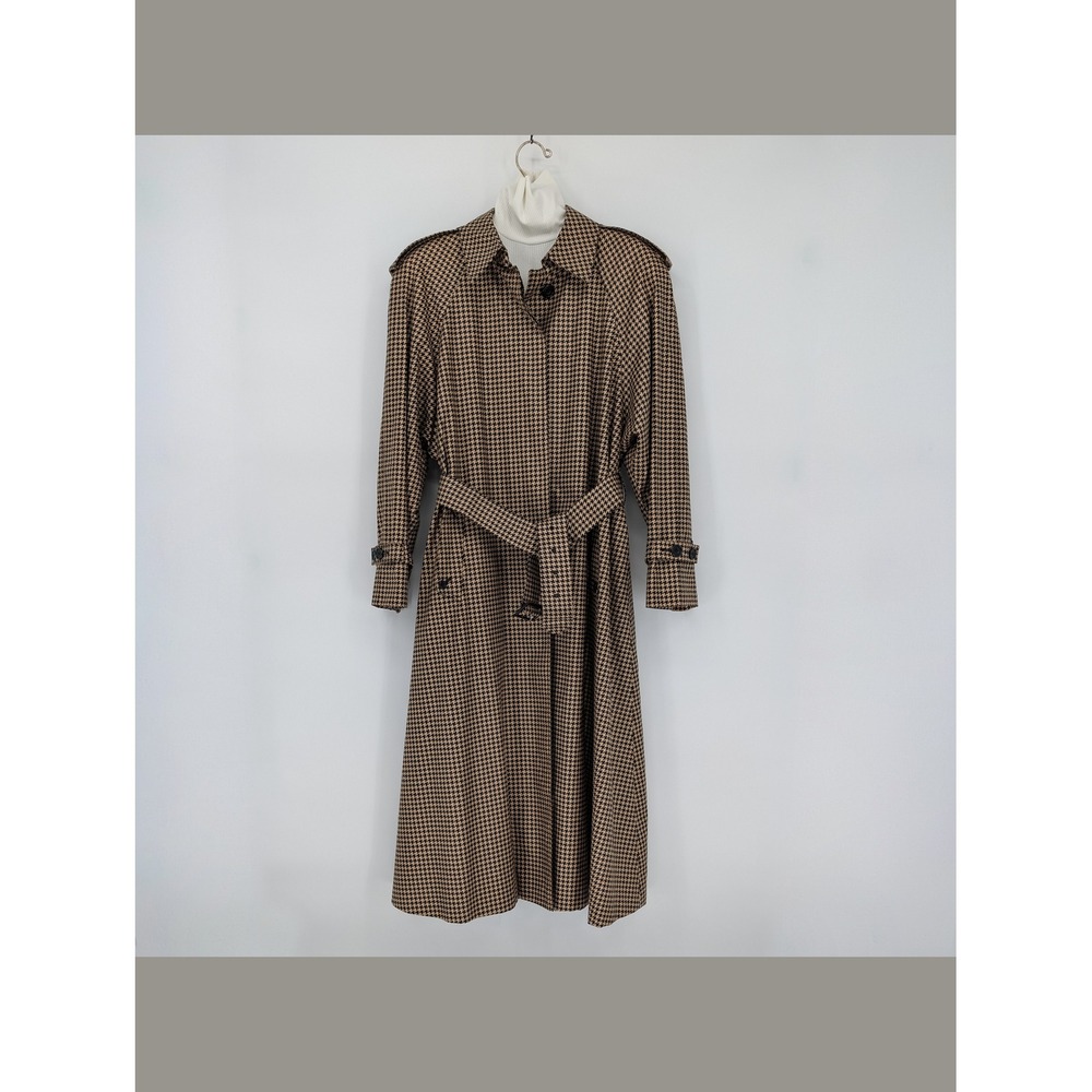 Aquascutum Made In England Black Tan Houndstooth Belted Trench Coat 14